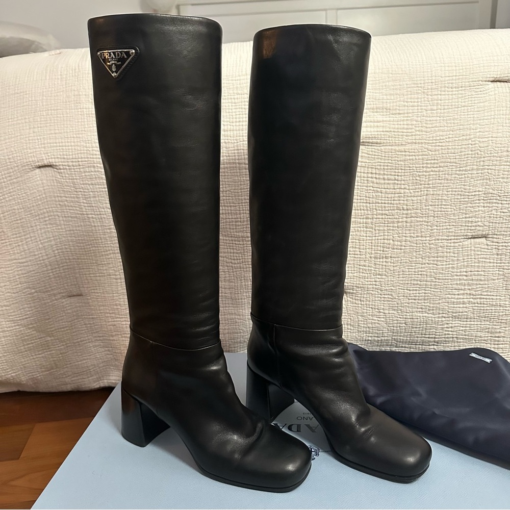PRADA Boots With Triangle Logo block heel below the knee Size 37 7 36.5 Black